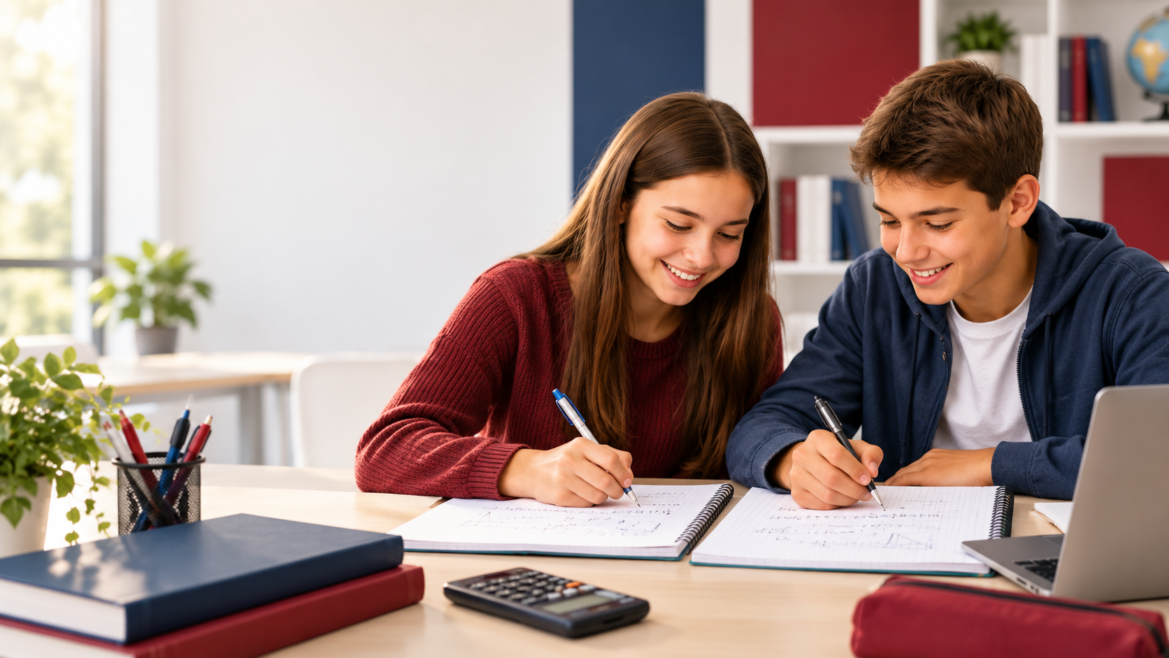 Dois alunos a estudar e a resolver exercícios em conjunto
